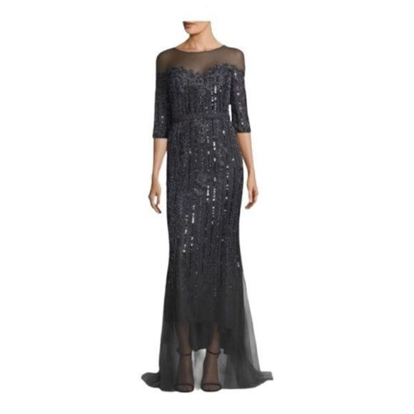 BASIX Black Label mesh embellished gown size 0 in charcoal gray. NWT. - Picture 1 of 6